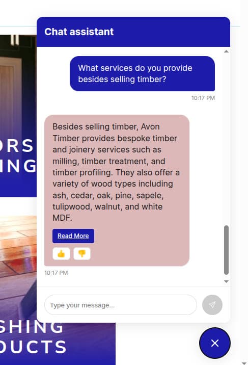 Embedded AI chat assistant answering a customer question about timber services