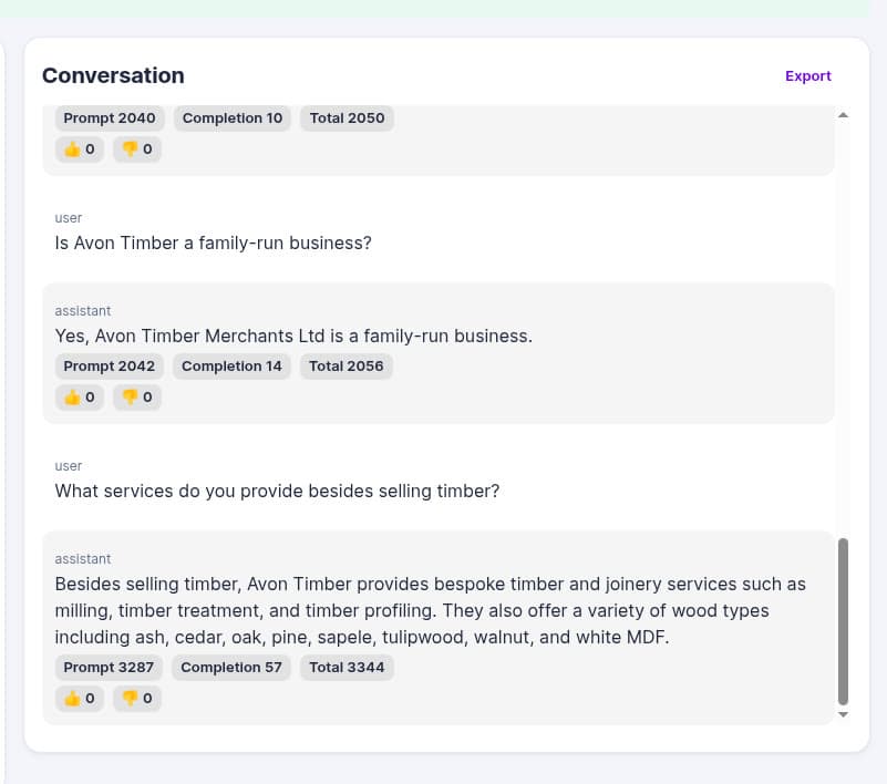 Admin conversation review showing user questions, AI answers and token usage per message