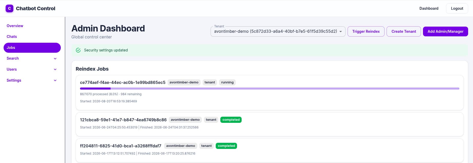Reindex jobs dashboard with running job progress and completed job history
