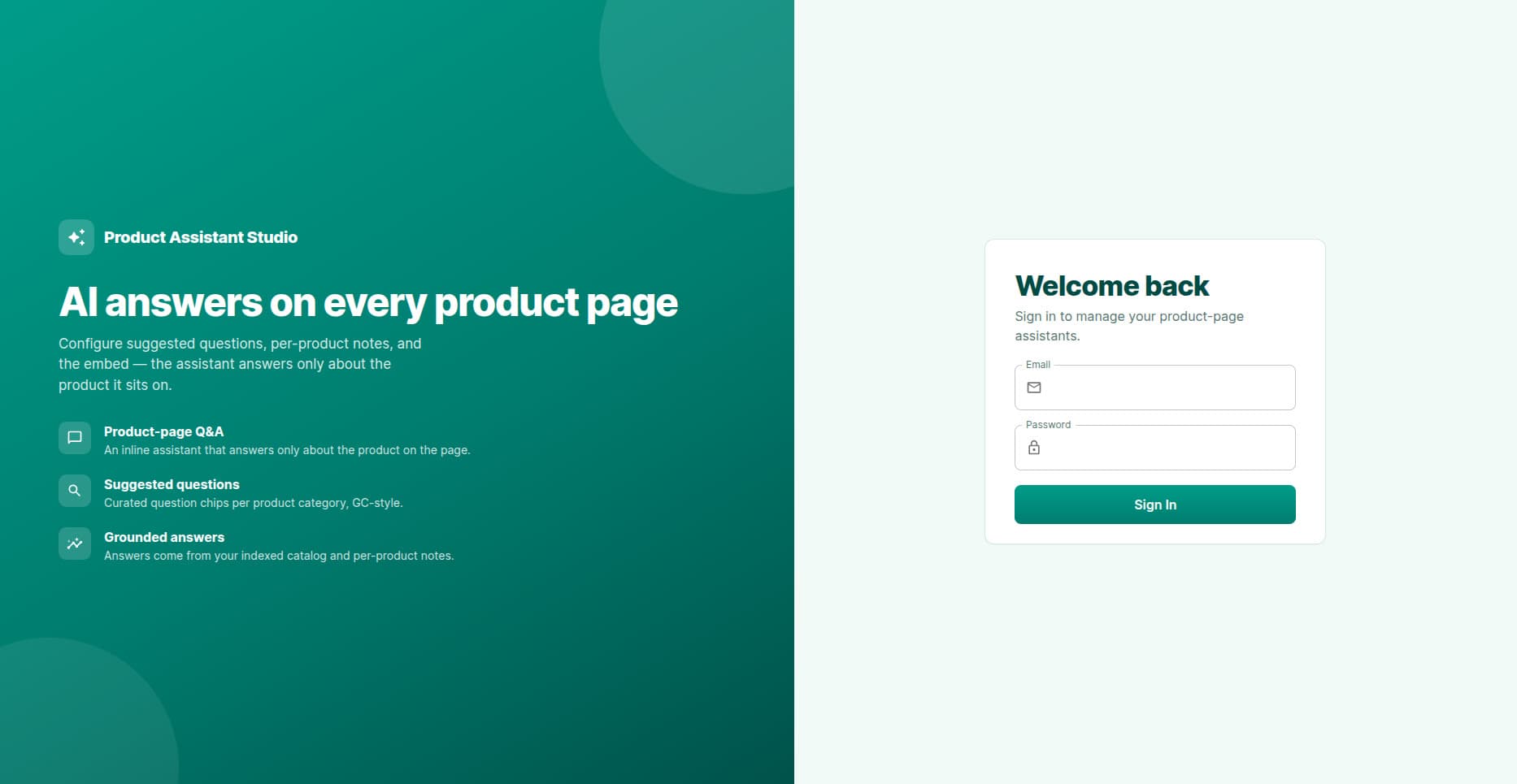 Product Assistant Studio sign-in screen describing product-page Q&A, suggested questions and grounded answers