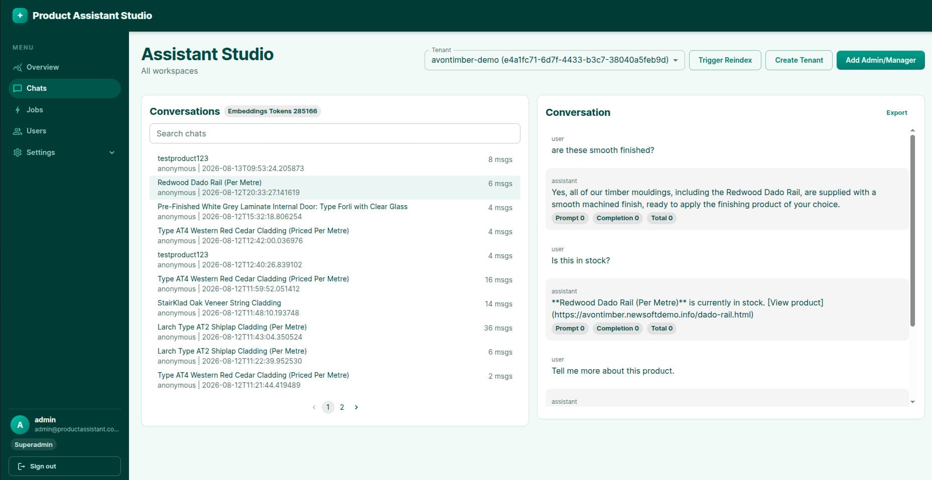 Conversation review showing anonymous chat sessions per product and the selected transcript