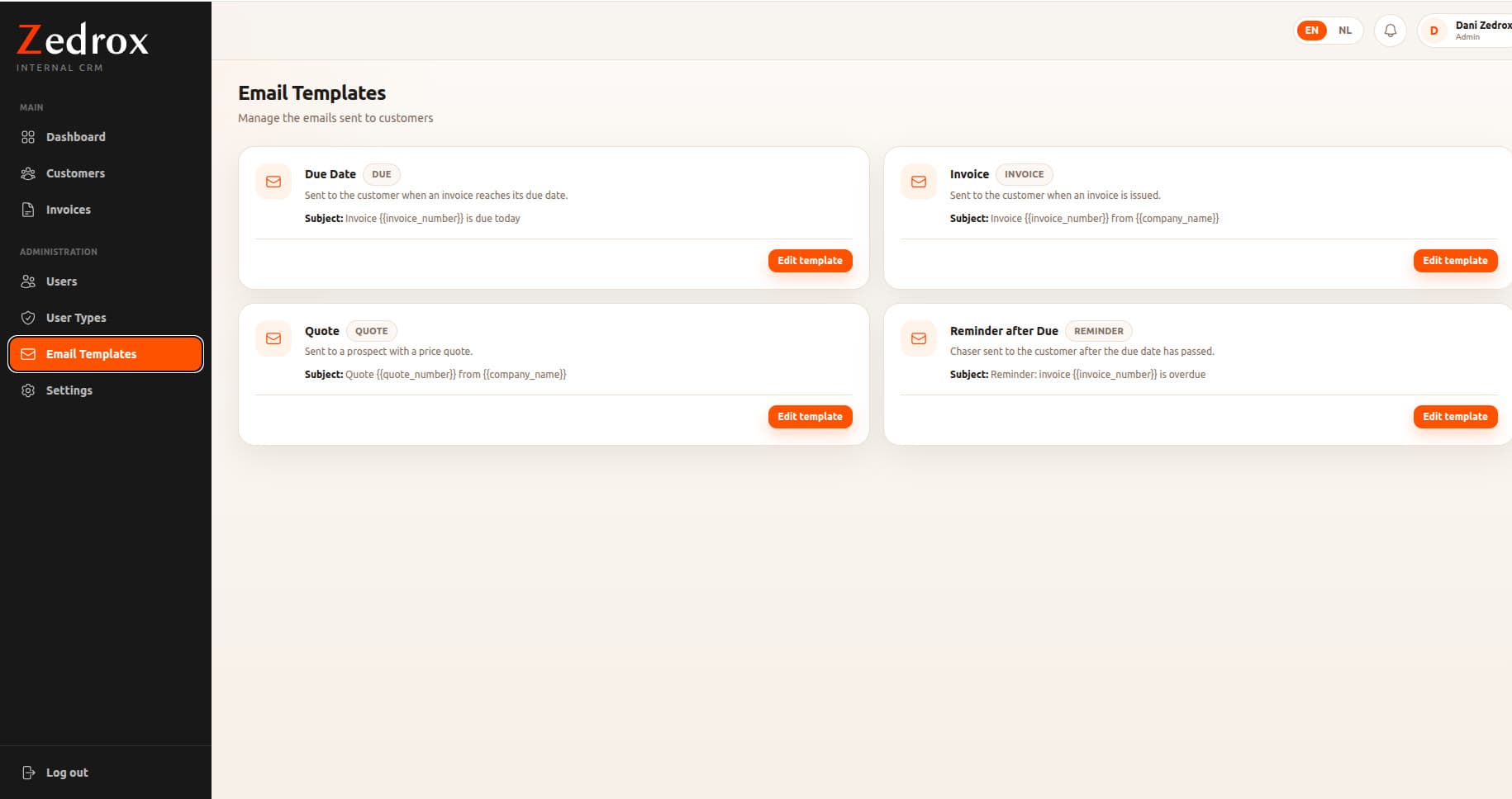 Email templates for invoice, quote, due-date and overdue reminder emails with merge fields