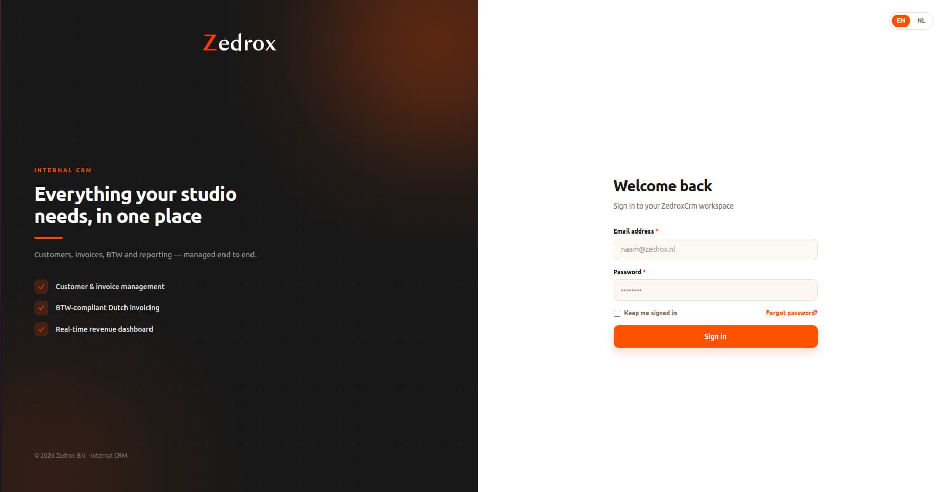 Zedrox CRM bilingual sign-in screen highlighting customer and invoice management, BTW-compliant invoicing and the revenue dashboard