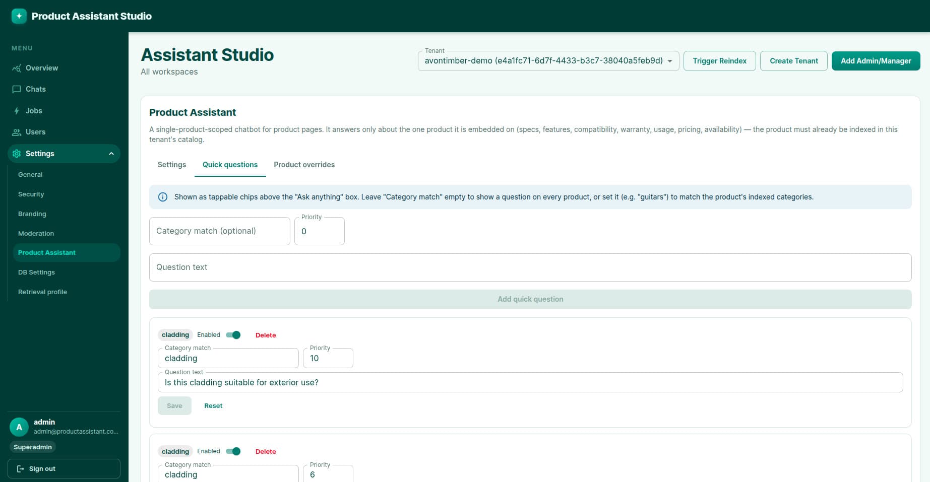 Quick questions manager configuring tappable question chips per product category