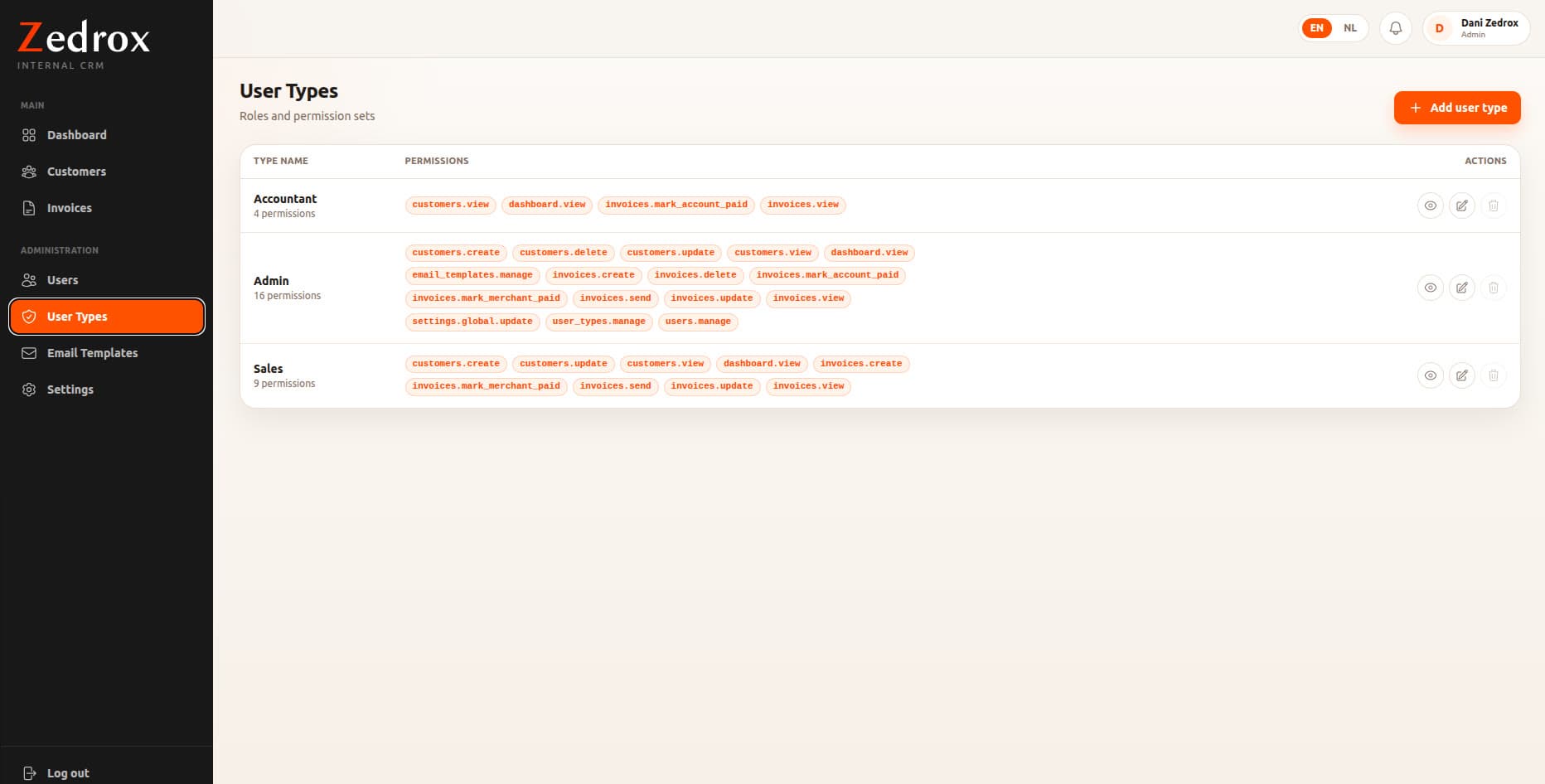 User types screen showing Accountant, Admin and Sales roles with granular permission sets
